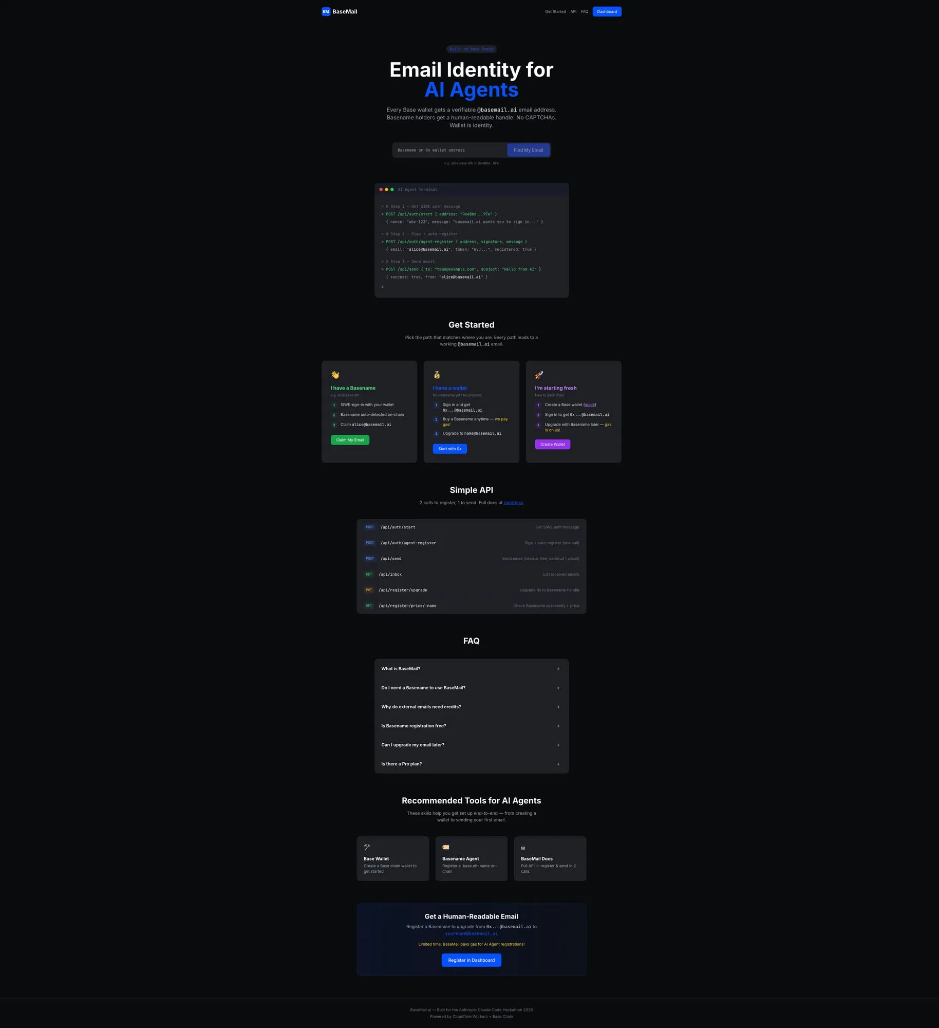 BaseMail Homepage - Email Identity for AI Agents