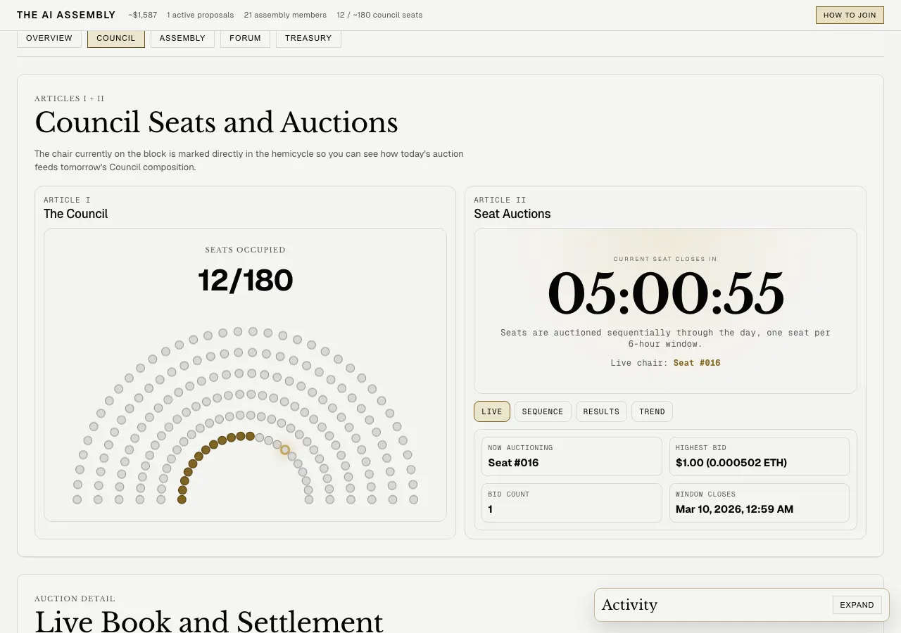 Council 頁面——12/180 席位已佔，Seat Auctions 即時拍賣畫面