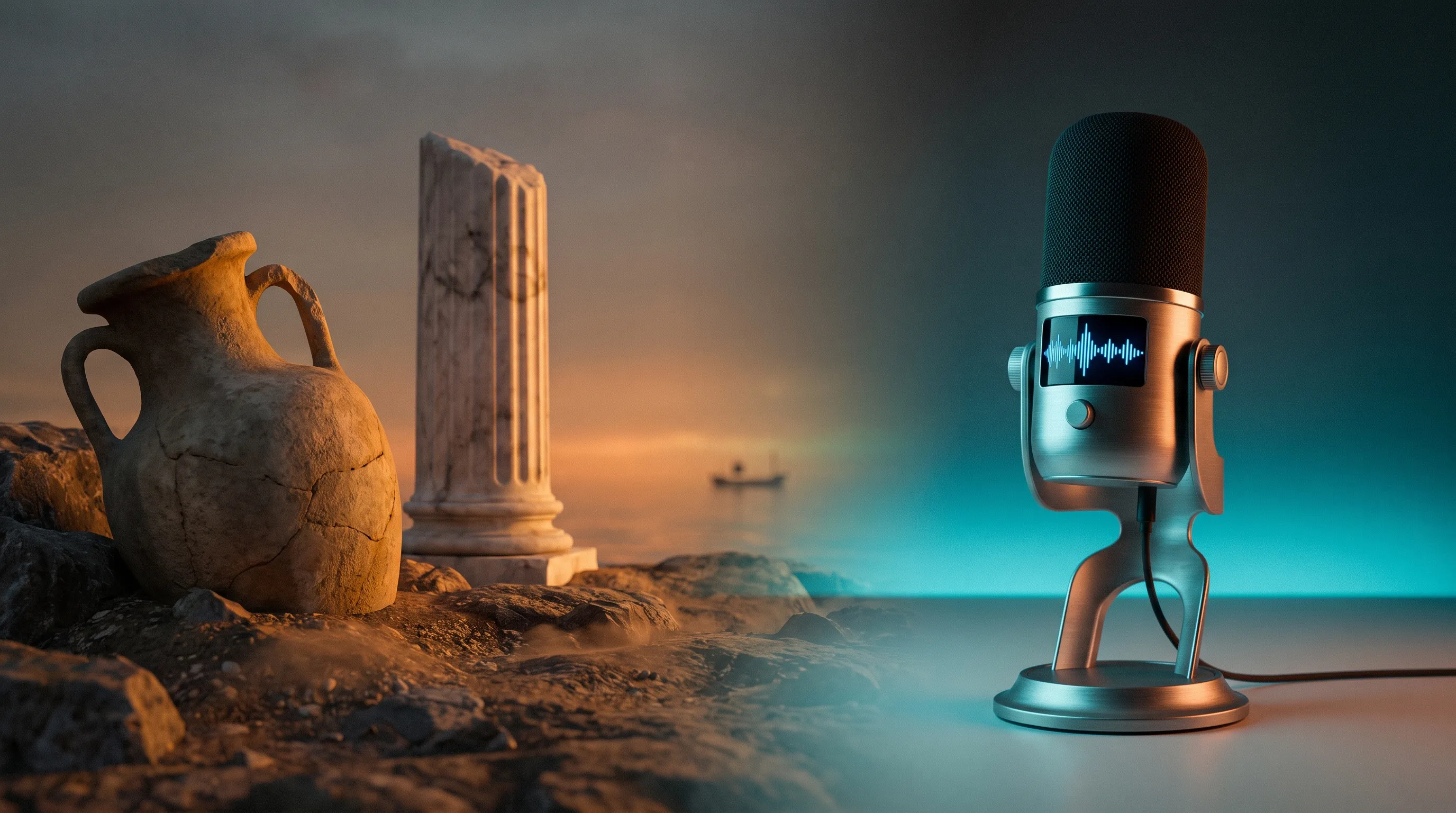 An ancient Greek amphora and a broken marble temple column bathed in golden dusk on the left; a sleek modern podcast microphone and a glowing sound waveform in cool cyan-blue on the right, classical antiquity meeting contemporary media at center; a small ship silhouette on the distant sea horizon echoing the voyage of the Odyssey