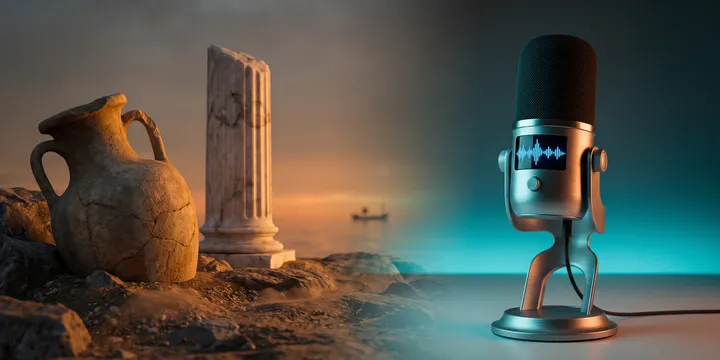 An ancient Greek amphora and a broken marble temple column bathed in golden dusk on the left; a sleek modern podcast microphone and a glowing sound waveform in cool cyan-blue on the right, classical antiquity meeting contemporary media at center; a small ship silhouette on the distant sea horizon echoing the voyage of the Odyssey