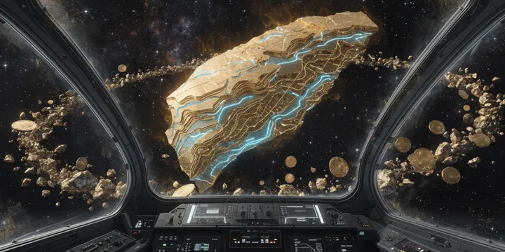 金色電路構成的「算力銀行」：柱子是發光的 GPU 伺服器機櫃，山牆上是刻著百分比符號的晶片印璽，一艘掛著中華民國國旗的貨櫃船沿著金色航線駛向銀行