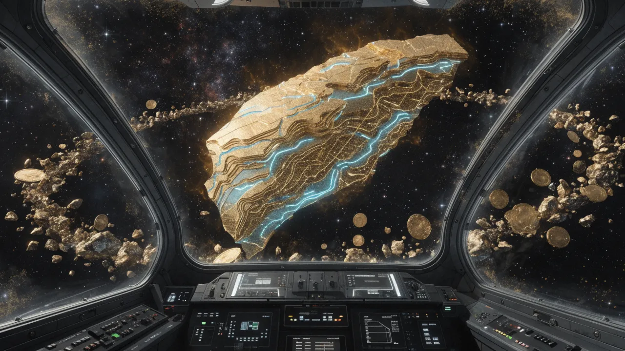 A 'compute bank' drawn in gold circuitry: its columns are glowing GPU server racks, its pediment bears a chip seal engraved with a percent sign, and a container ship flying Taiwan's flag sails toward the bank along a golden trace