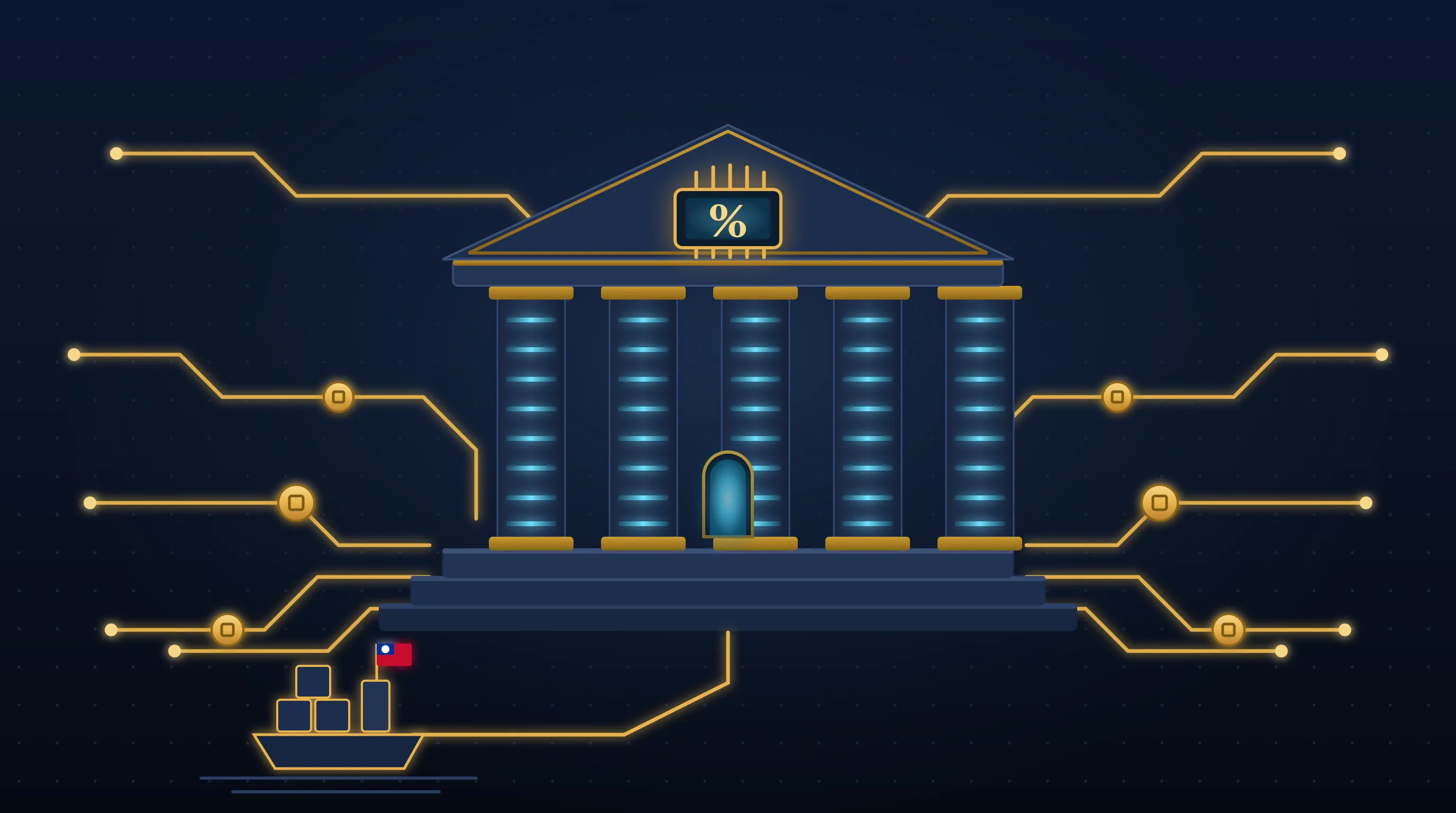 A 'compute bank' drawn in gold circuitry: its columns are glowing GPU server racks, its pediment bears a chip seal engraved with a percent sign, and a container ship flying Taiwan's flag sails toward the bank along a golden trace