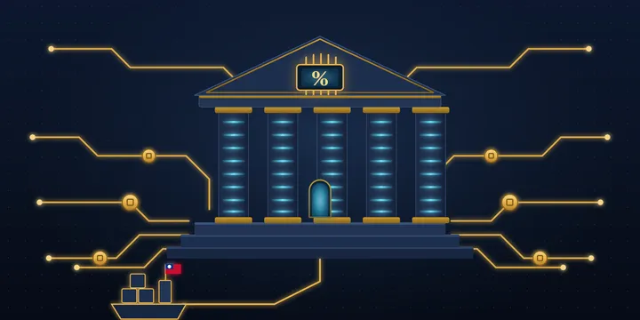 A 'compute bank' drawn in gold circuitry: its columns are glowing GPU server racks, its pediment bears a chip seal engraved with a percent sign, and a container ship flying Taiwan's flag sails toward the bank along a golden trace