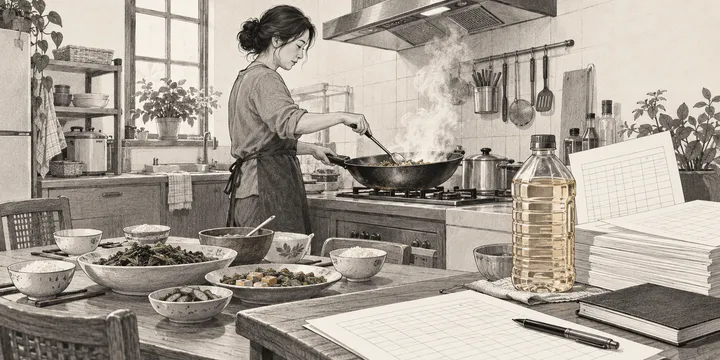 概念插畫：一名女性在家中為多人備餐，旁有無品牌油瓶與調查紀錄；並非真實患者或檢驗現場。