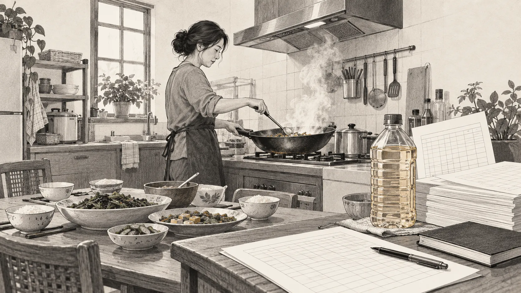 概念插畫：一名女性在家中為多人備餐，旁有無品牌油瓶與調查紀錄；並非真實患者或檢驗現場。