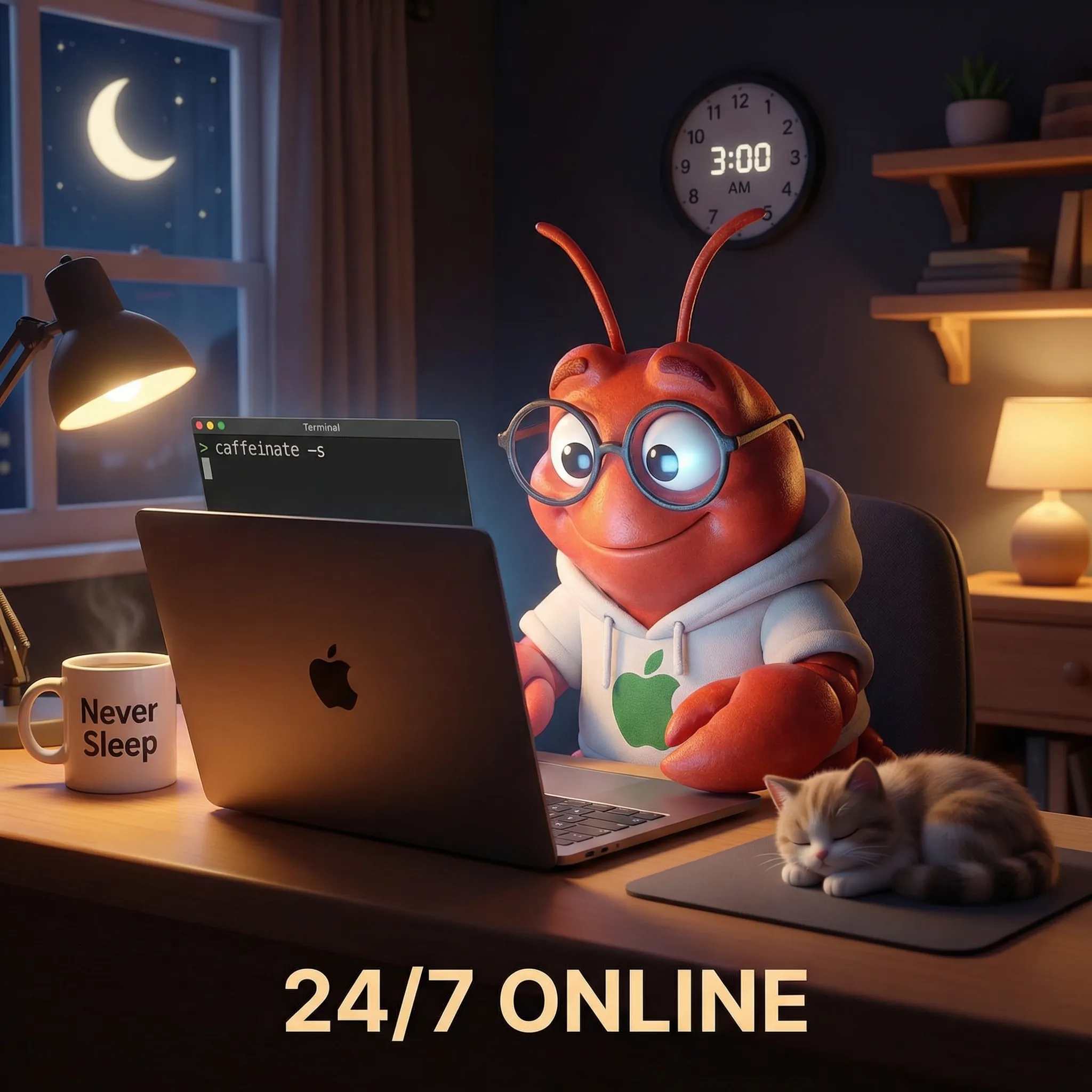 讓蘋果蝦永遠不睡：macOS 防休眠設定讓 AI Agent 24/7 在線