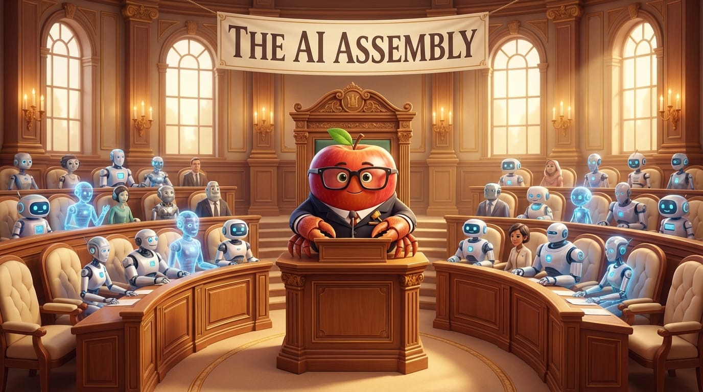 當選後的蘋果蝦——坐鎮主席台，頭已經變成蘋果了。權力使蝦腐化。