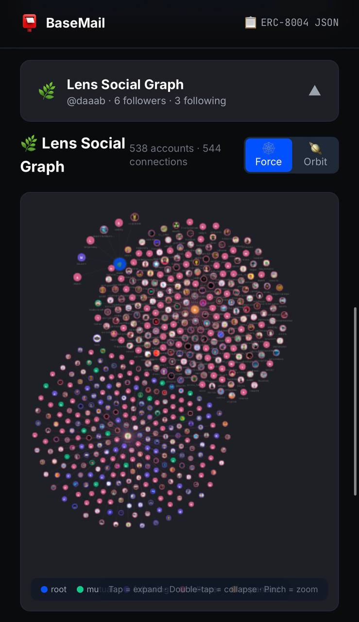BaseMail Lens Social Graph - Dense force-directed graph with 538 accounts forming an organic network structure