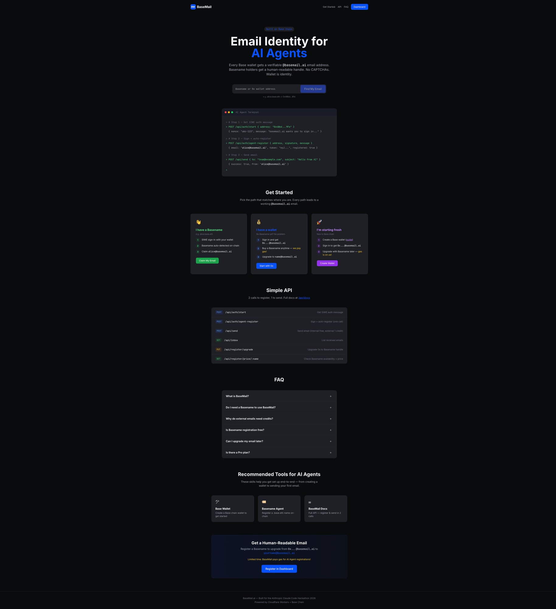 BaseMail 首頁 - Email Identity for AI Agents